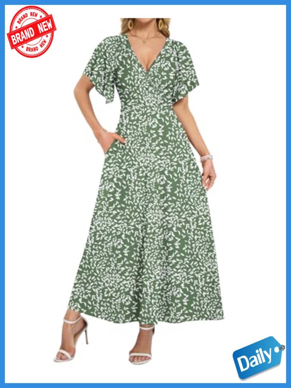 Ruffle Sleeve V Neck Wrap Maxi Dress Flowy Wedding Guest Formal